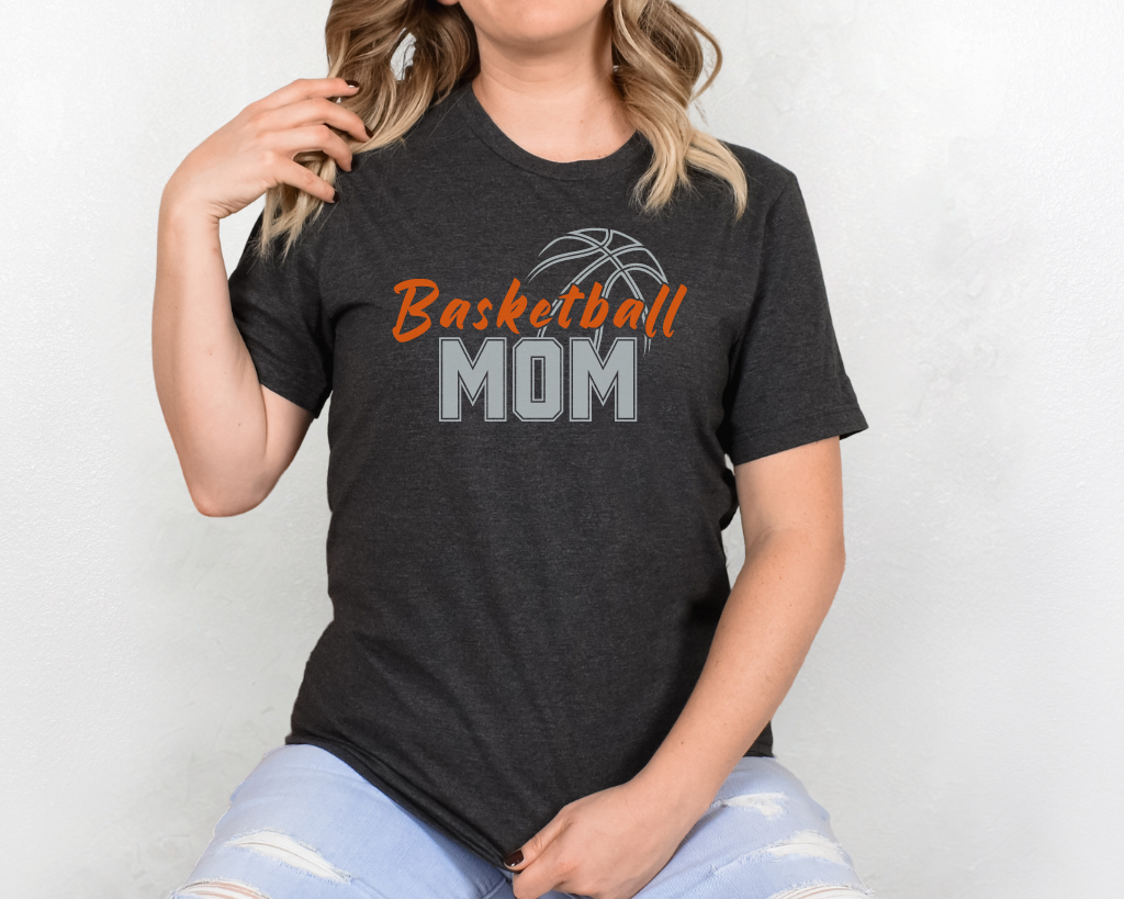 Dark Gray basketball mom shirt with 'Basketball' in orange letters, 'Mom' in silver letters, and a basketball outline above the word 'Basketball.