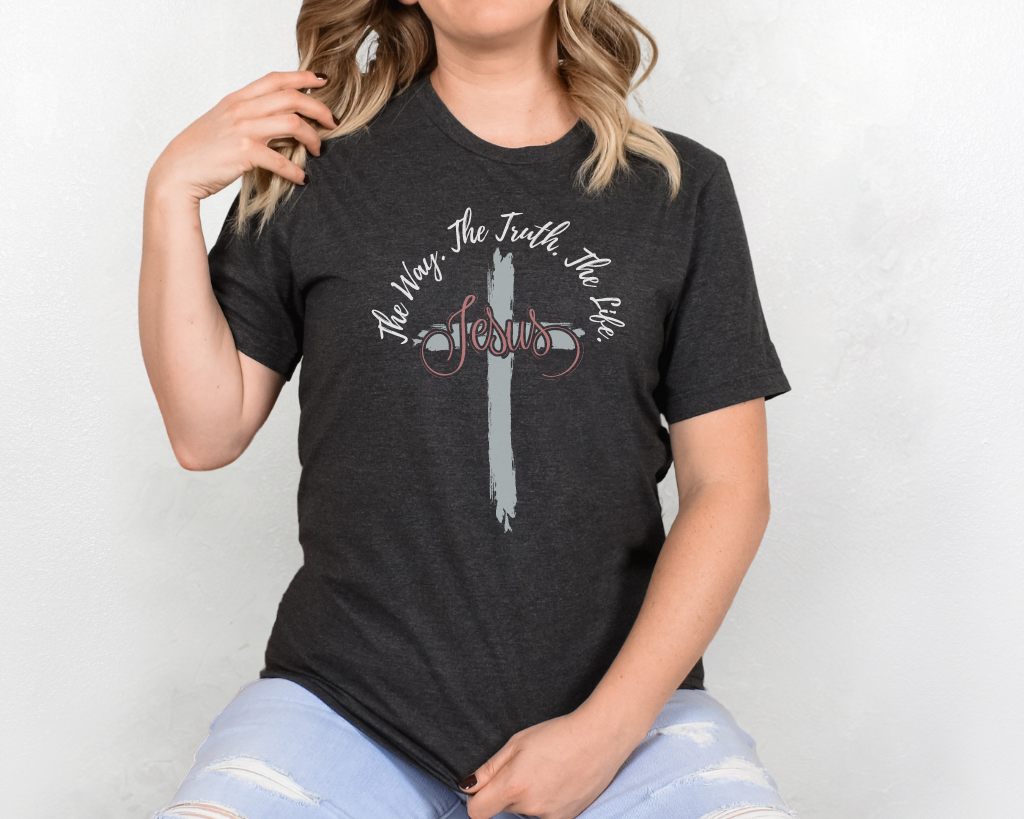 Christian dark gray shirt white lettering Jesus is the way, the truth, and the life with silver cross