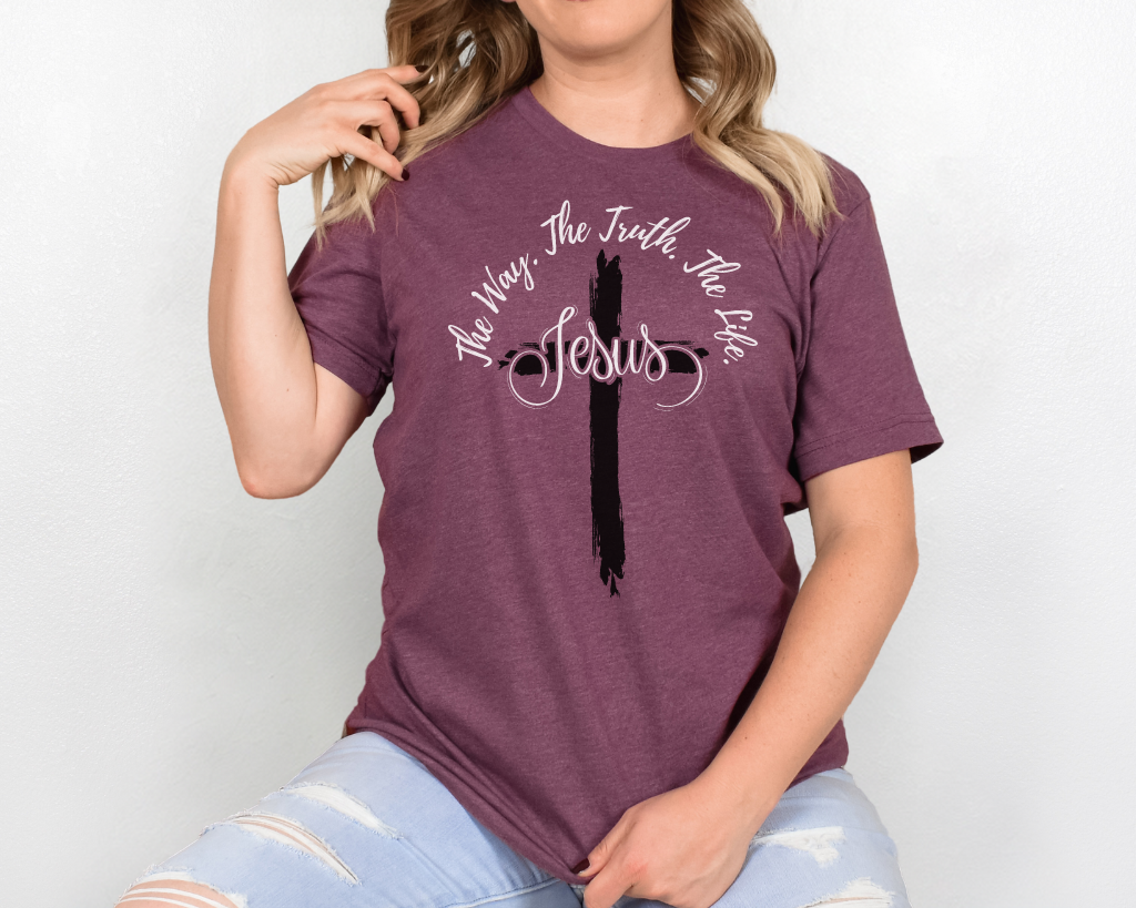 Christian maroon shirt white lettering Jesus is the way, the truth, and the life with black cross