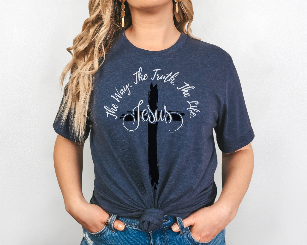 Christian navy shirt white lettering Jesus is the way, the truth, and the life with black cross