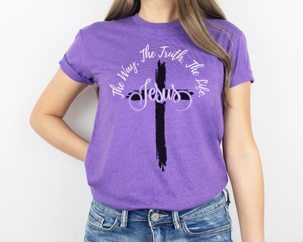 Christian purple shirt white lettering Jesus is the way, the truth, and the life with black cross