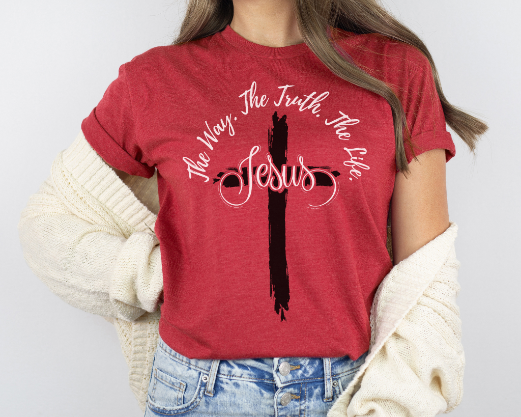 Christian red shirt white lettering Jesus is the way, the truth, and the life with black cross