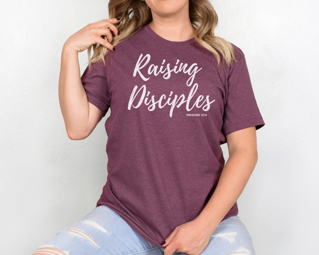 Christian maroon shirt white lettering "Raising Disciples" Proverbs 22:6