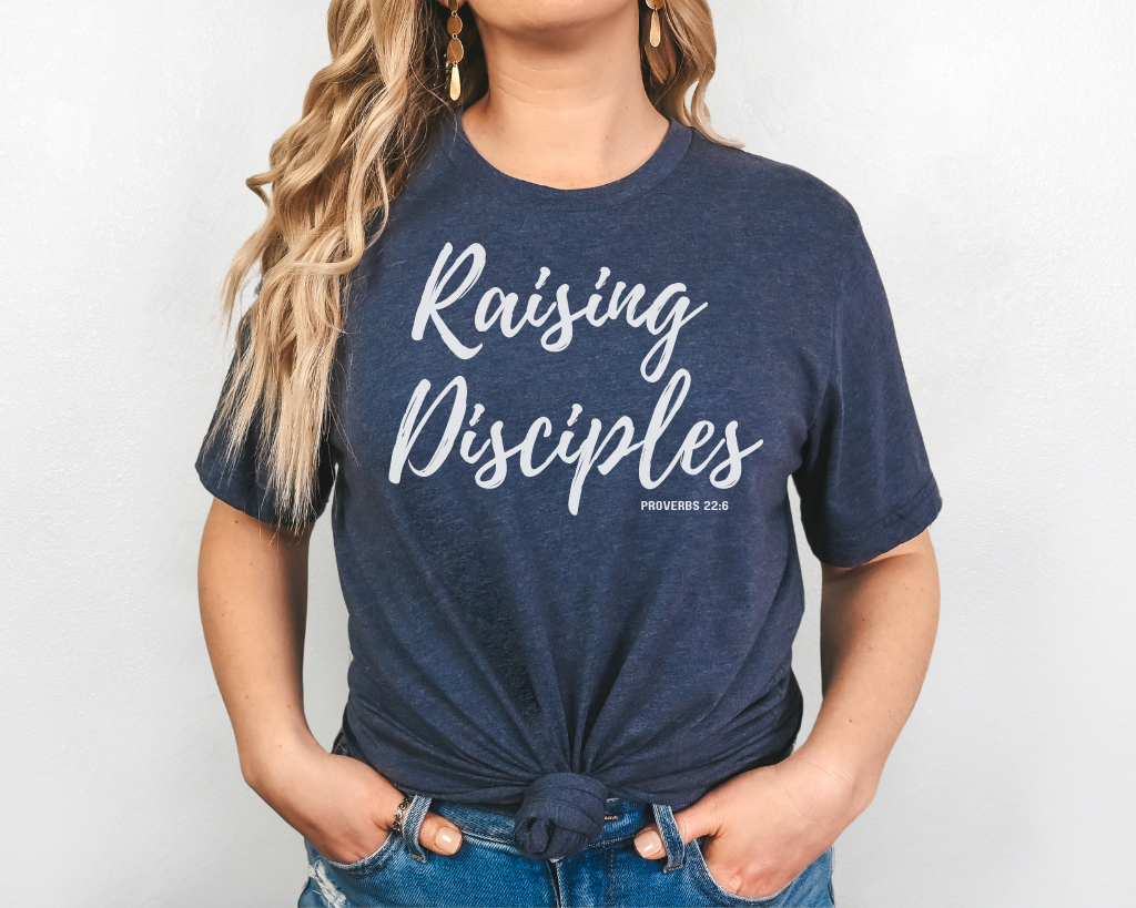 Christian navy shirt white lettering "Raising Disciples" Proverbs 22:6