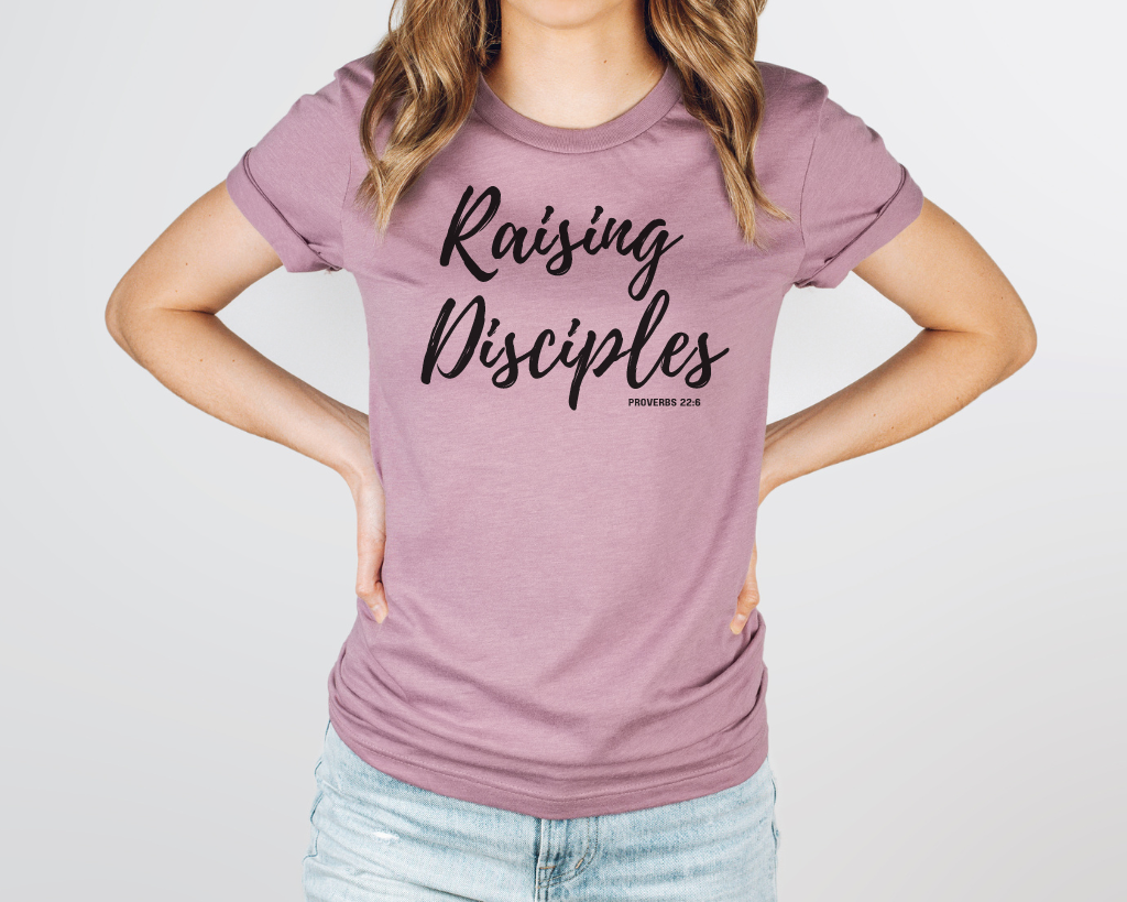 Christian pink shirt black lettering "Raising Disciples" Proverbs 22:6