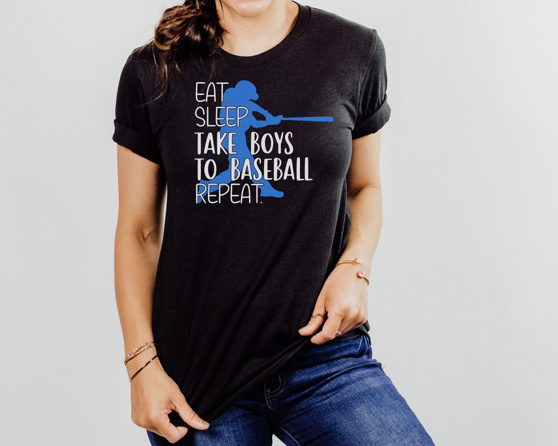 Baseball mom black shirt white lettering- eat, sleep, take boys to baseball, repeat.