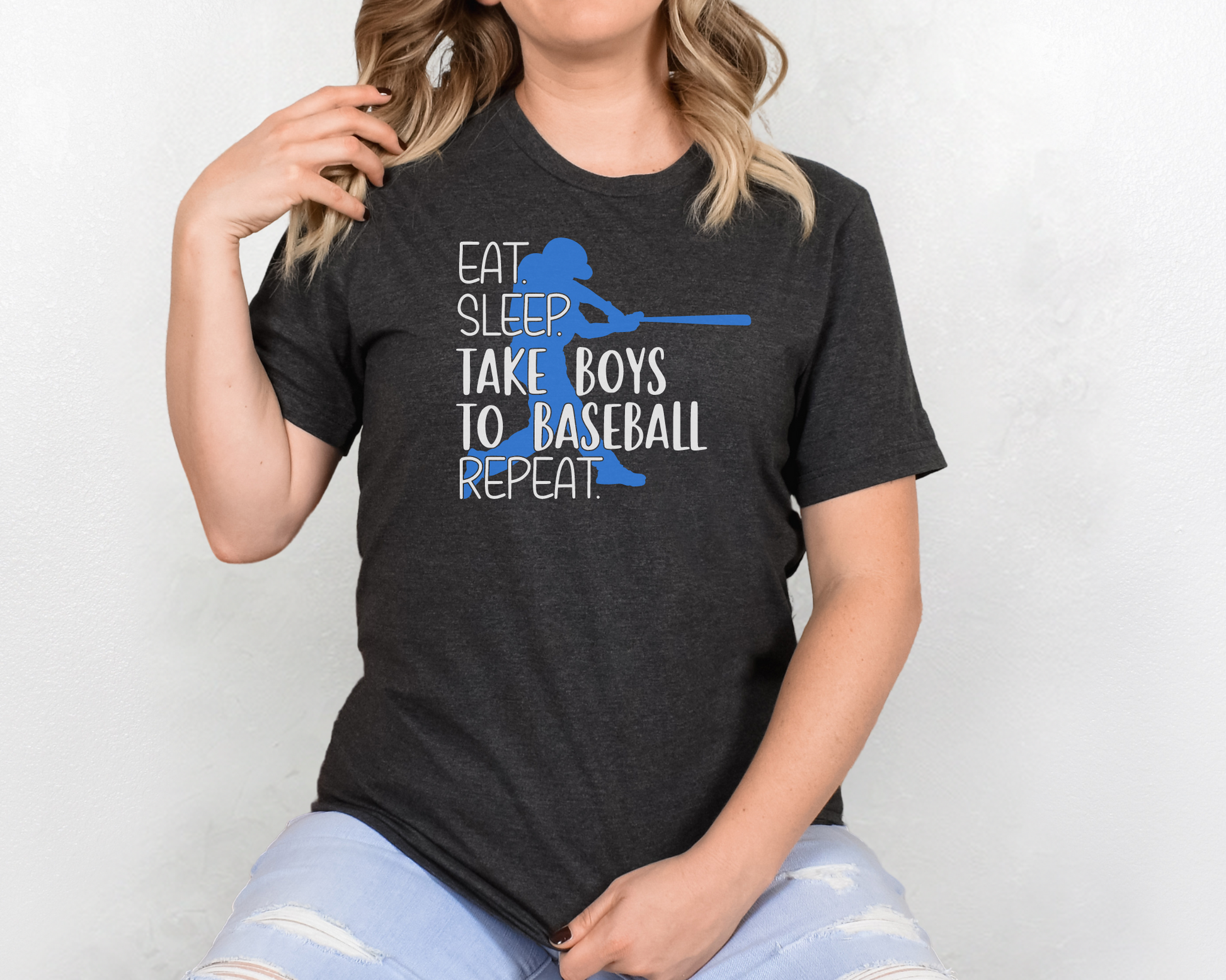 Baseball mom dark gray shirt white lettering- eat, sleep, take boys to baseball, repeat.