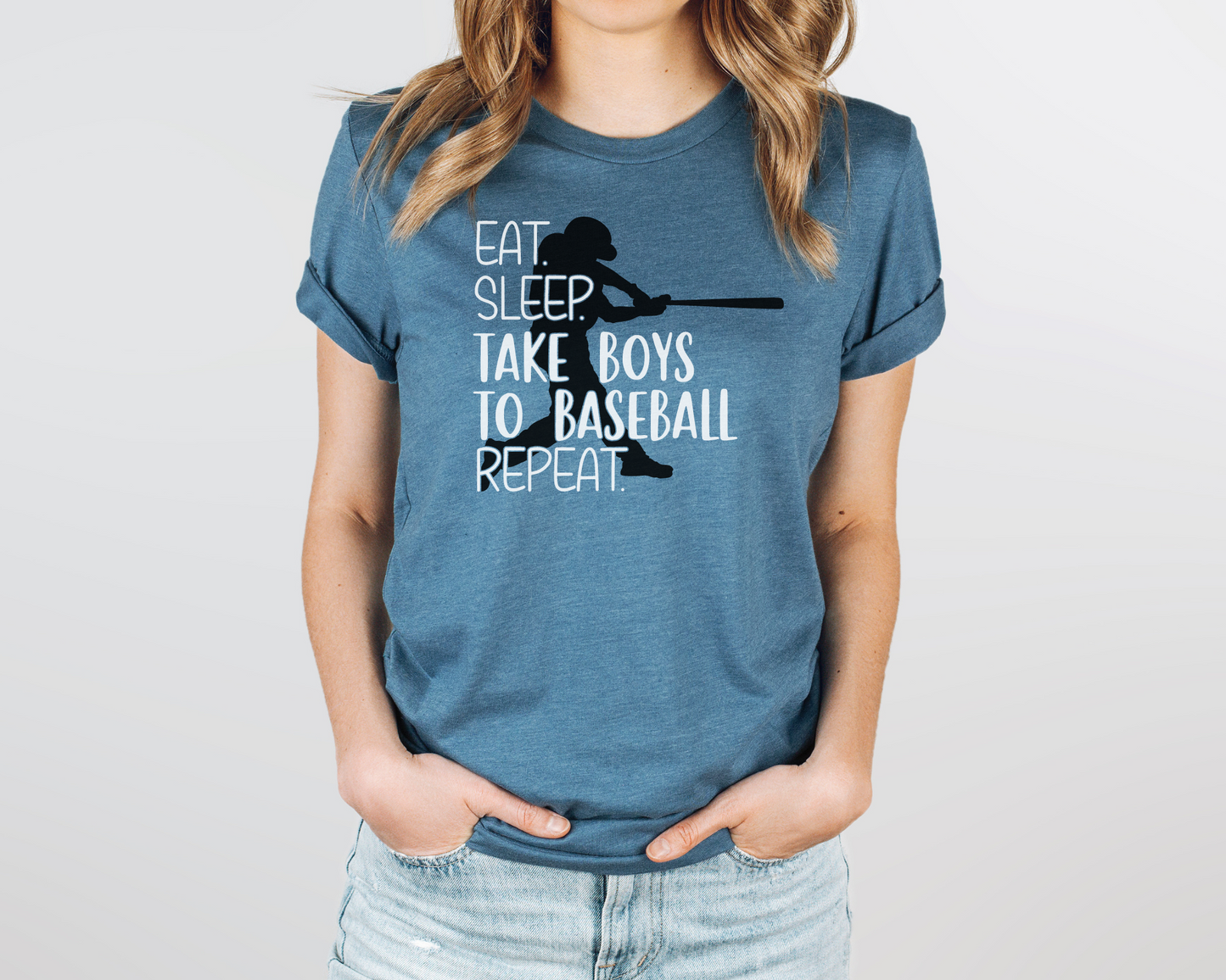 Baseball mom deep teal shirt white lettering- eat, sleep, take boys to baseball, repeat.