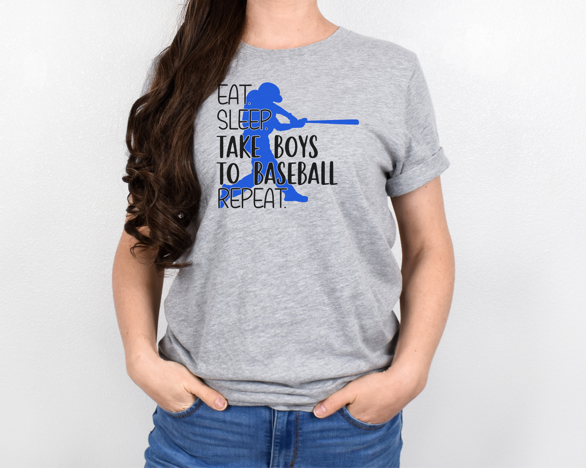 Baseball mom light gray shirt black lettering- eat, sleep, take boys to baseball, repeat.