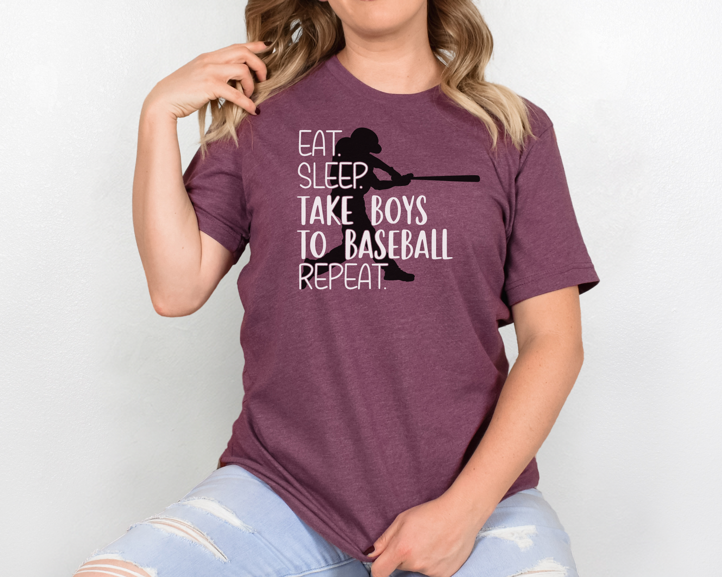 Baseball mom maroon shirt white lettering- eat, sleep, take boys to baseball, repeat.