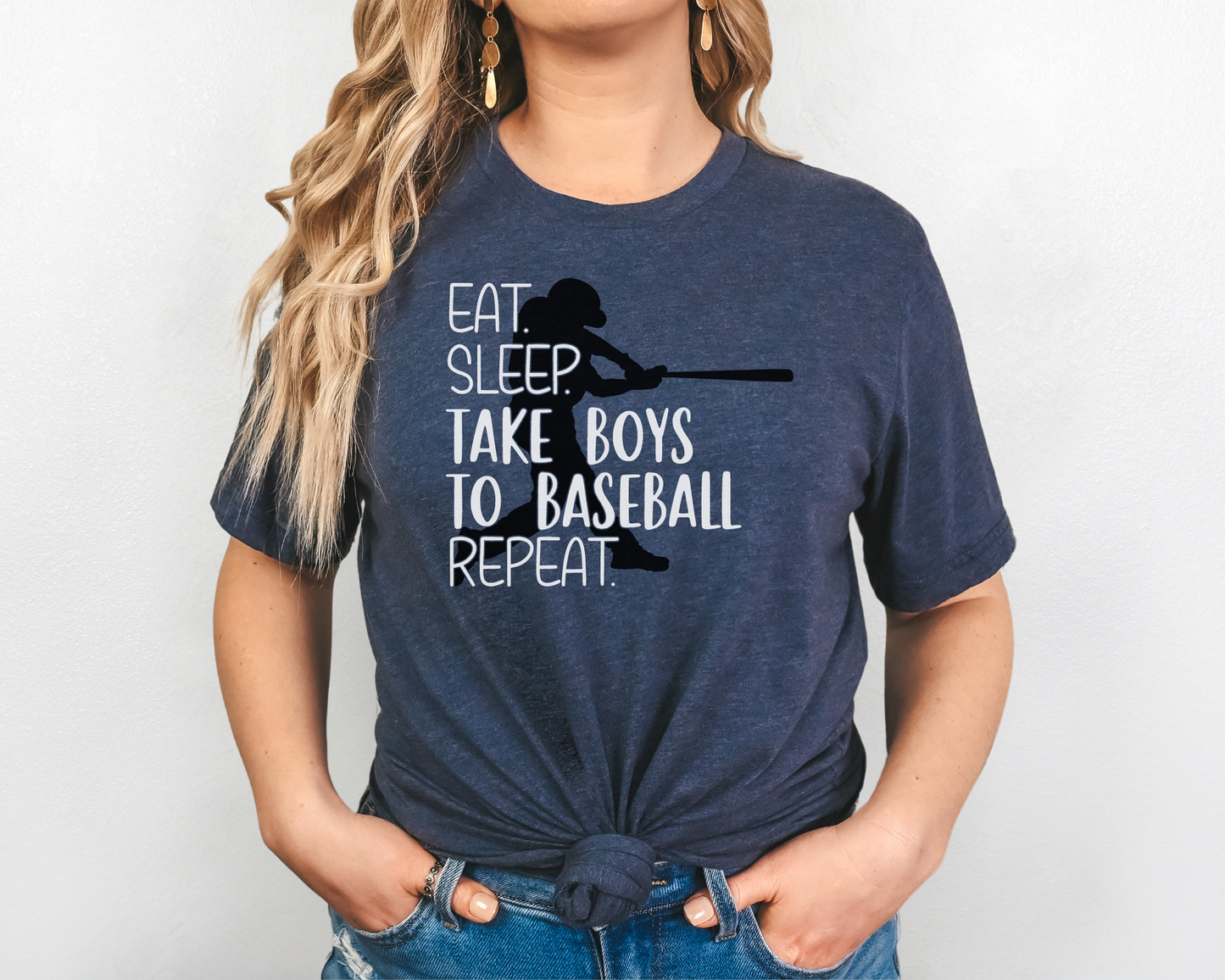 Baseball mom navy shirt white lettering- eat, sleep, take boys to baseball, repeat.