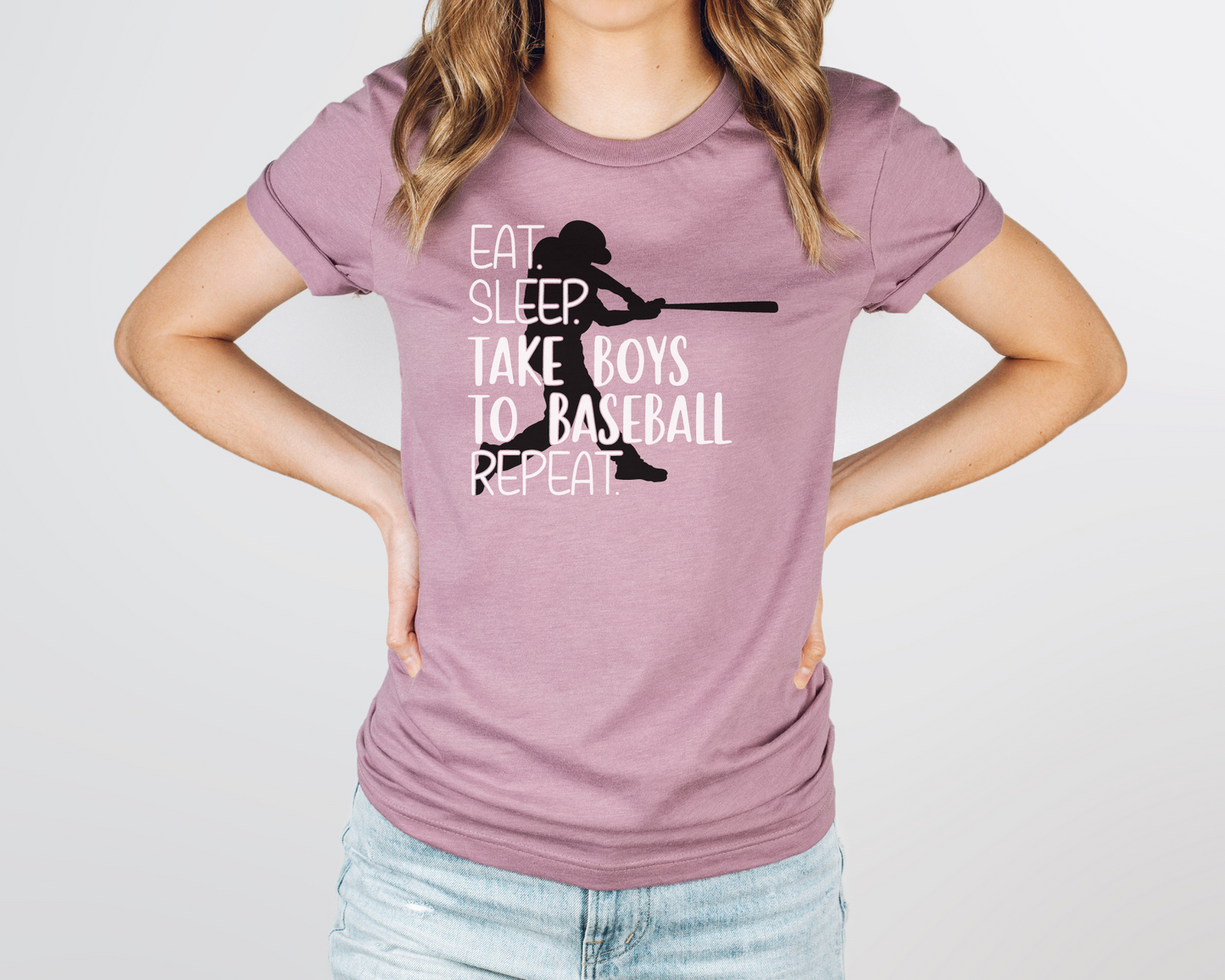 Baseball mom pink shirt white lettering- eat, sleep, take boys to baseball, repeat.