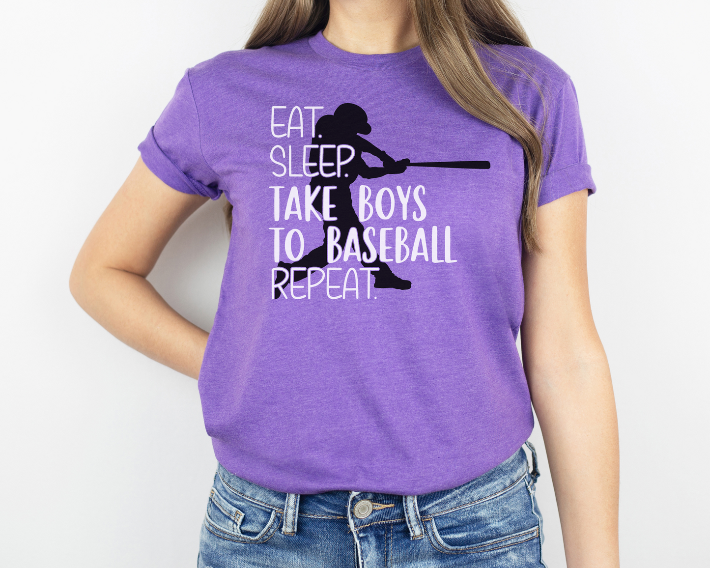 Baseball mom purple shirt white lettering- eat, sleep, take boys to baseball, repeat.