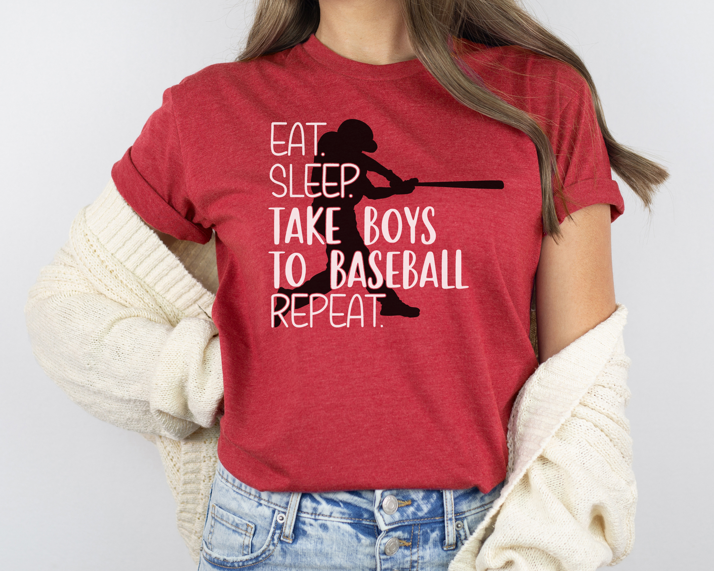 Baseball mom red shirt white lettering- eat, sleep, take boys to baseball, repeat.