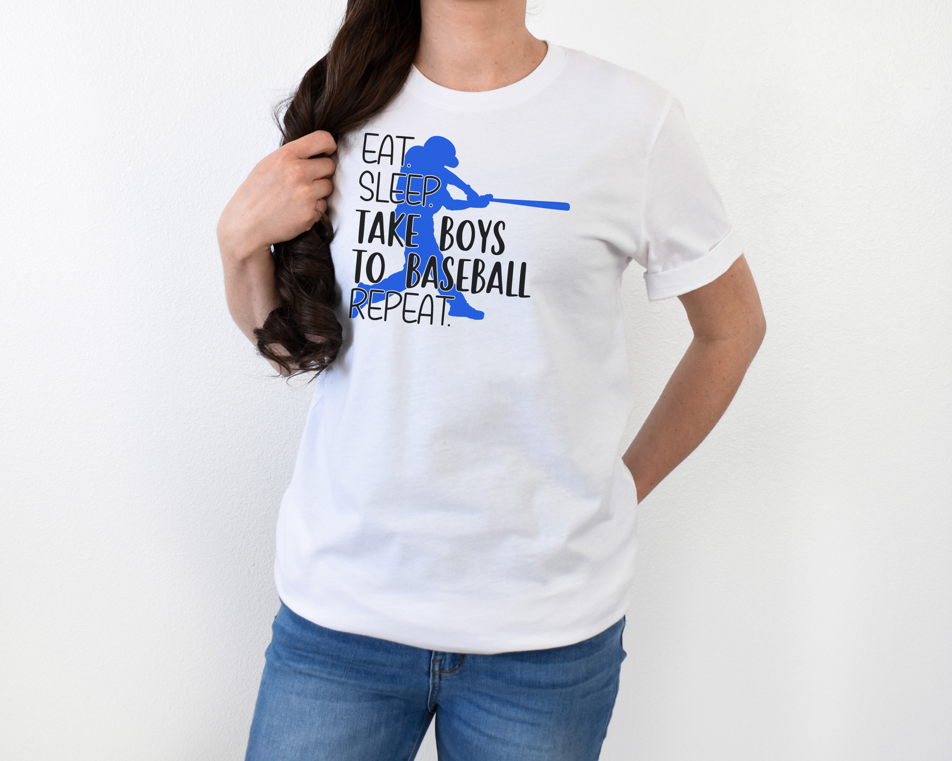 Baseball mom white shirt black lettering- eat, sleep, take boys to baseball, repeat.